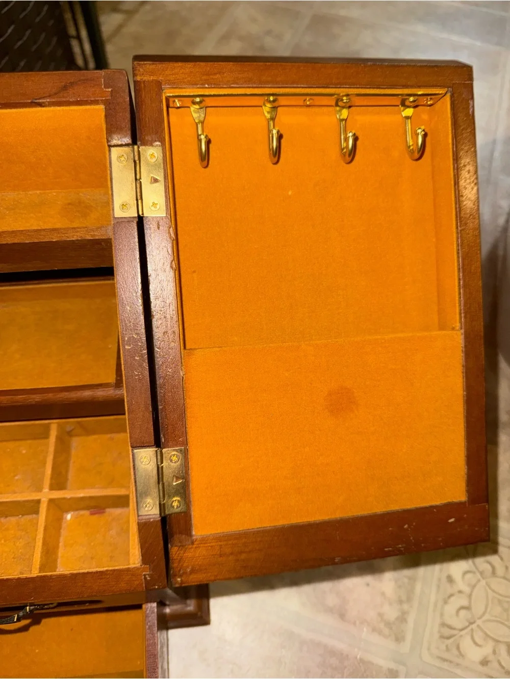 Wood-Finish Jewelry Organizer with Etched Glass Panels - Brown